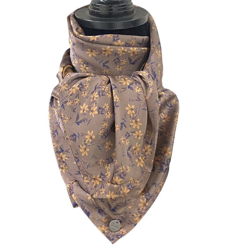 A8016 - SILK Grey Flowers Rawhide Wild Rag Cowboy Scarf