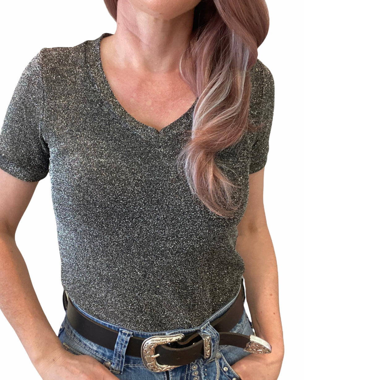 L1380  - Gunmetal Ladies Glitter V-Neck T
