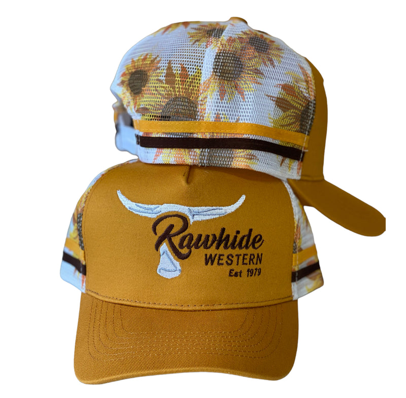 P4104- Rawhide Mustard Sunflower Country Trucker Cap