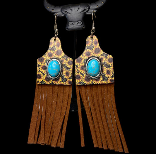 SE14875- Brown Leather Tassel Cattle Tag Earrings with Turquoise