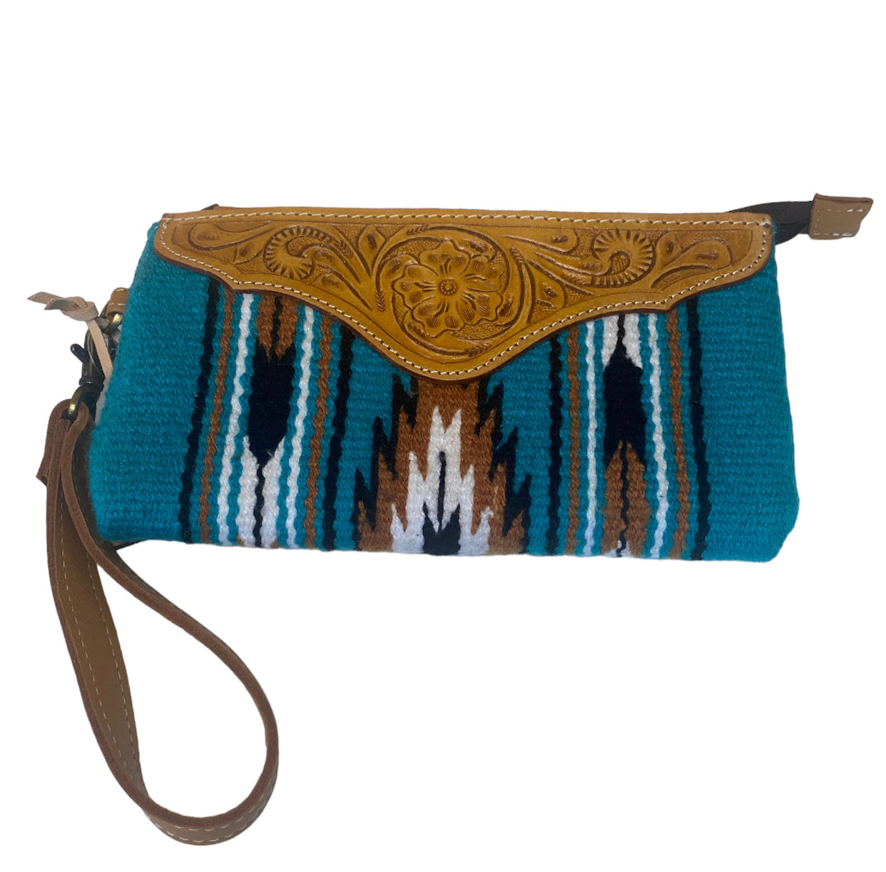 A8274 - Blue Saddle Blanket Large Clutch with Tooled Leather