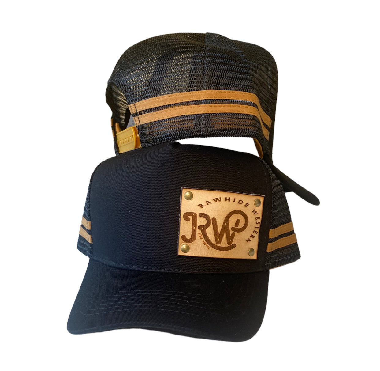 P4118 - Rawhide Black Leather Patch Country Trucker Cap
