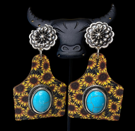 J6570 - Wood Cattle Tag Earrings with Turquoise