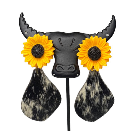 J6336 - Sunflower & Hide Teardrop Earrings