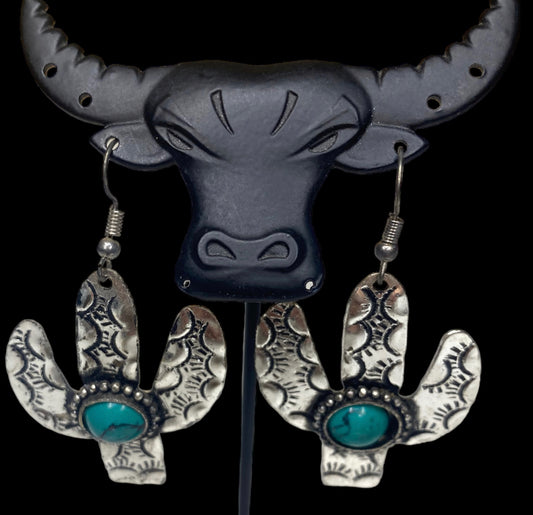 SE0056 - Pressed Metal Cactus & Turquoise Stone Earrings