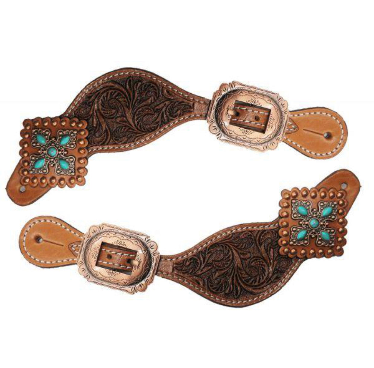 30848 - Tooled leather spur straps with vintage turquoise stone conchos