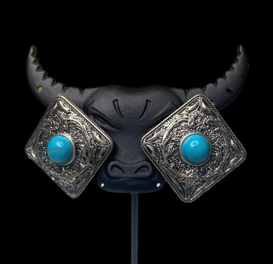J6348 - Western Turquoise & Sliver Concho Stud Earrings