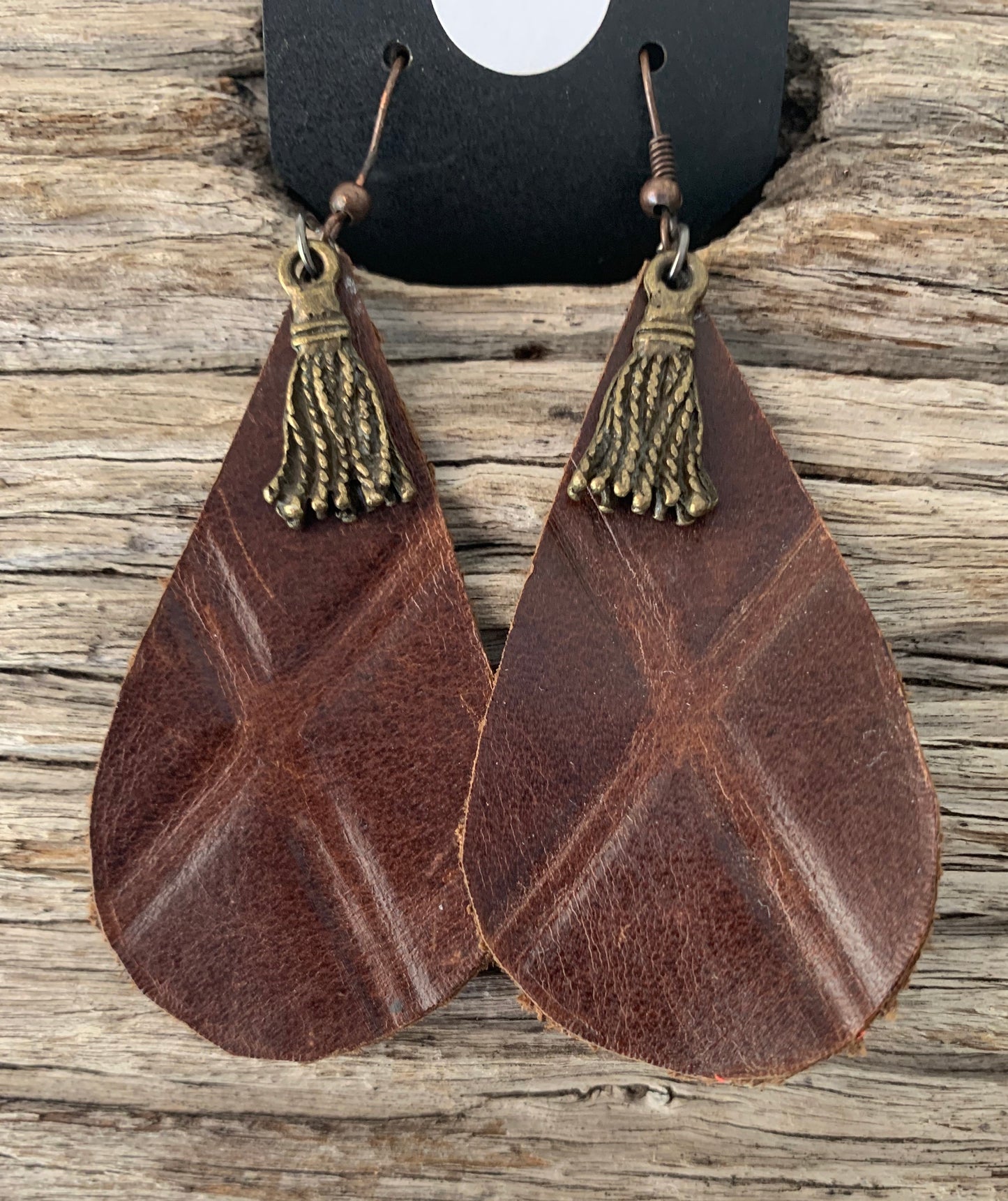 J6227  - Brown Leather Leaf Earrings with Metal Tassel - Rawhide Western Wear 