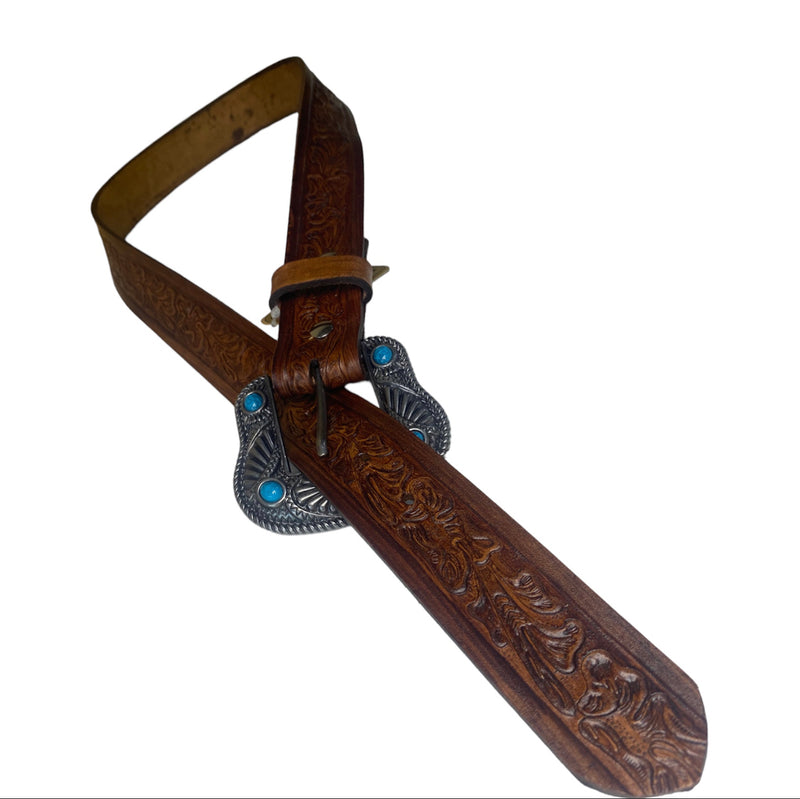 A8404 - 38" 1 1.2" Sliver Turquoise Cactus Flower Buckle / Hand Tooled Leather Belt