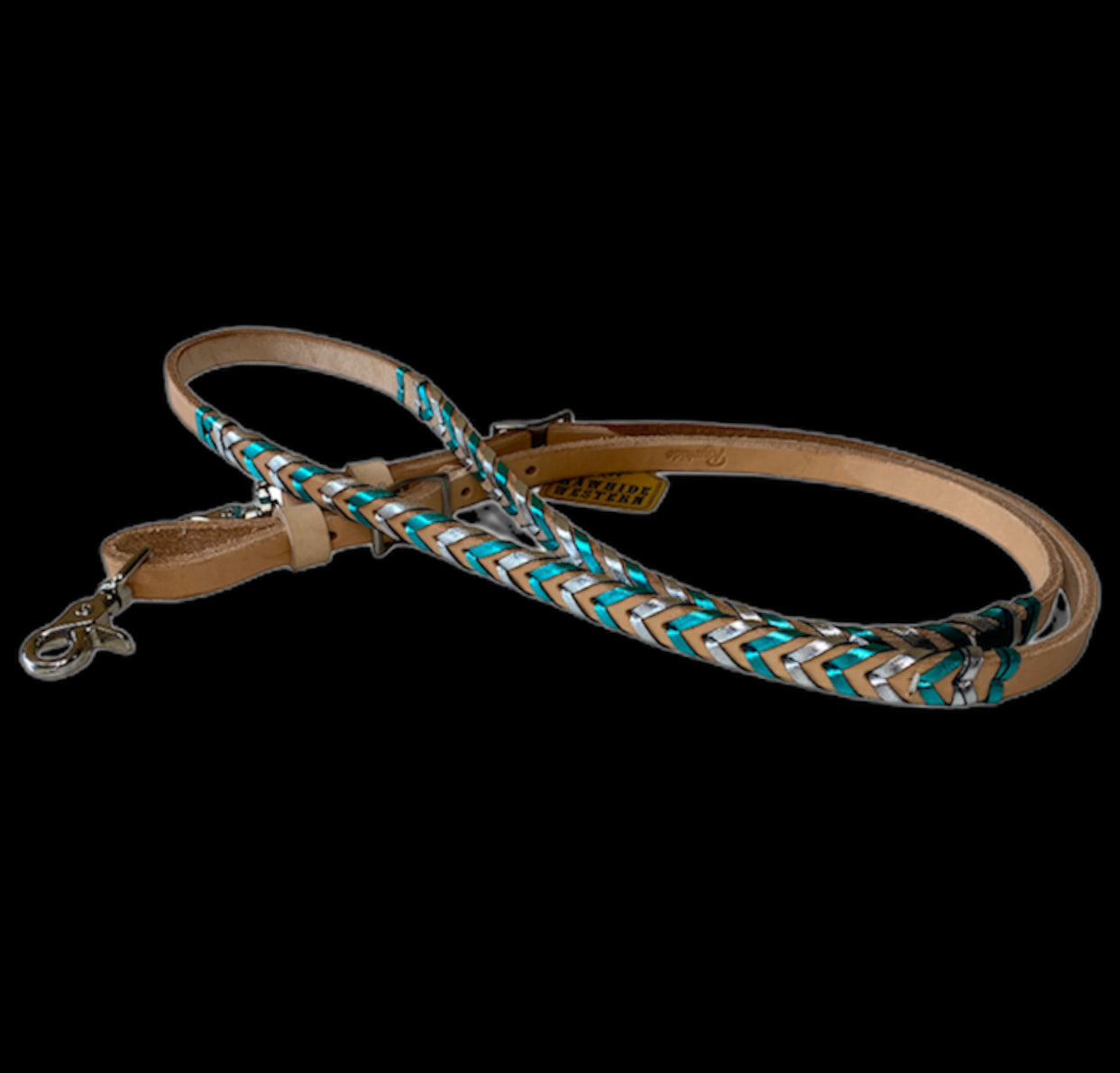 T5499 - Double Laced Metalic Turq & Silver Aust Made Laced Barrel Reins