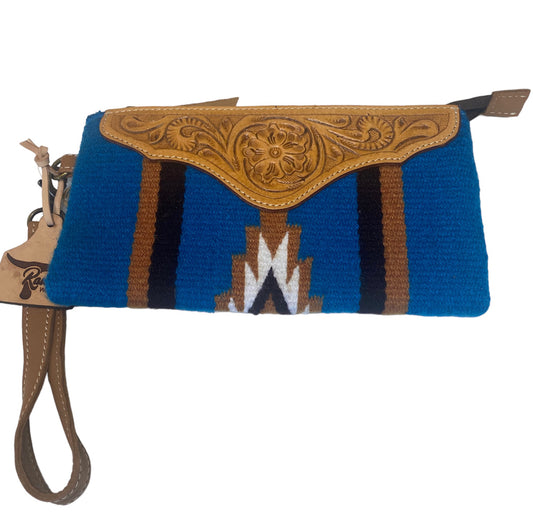 A8275 - Blue Saddle Blanket Large Clutch with Tooled Leather