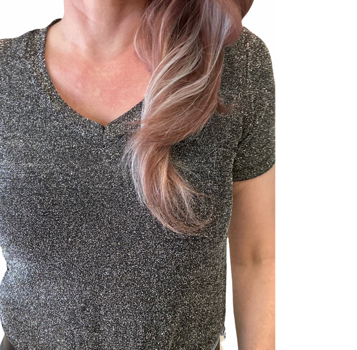 L1380  - Gunmetal Ladies Glitter V-Neck T