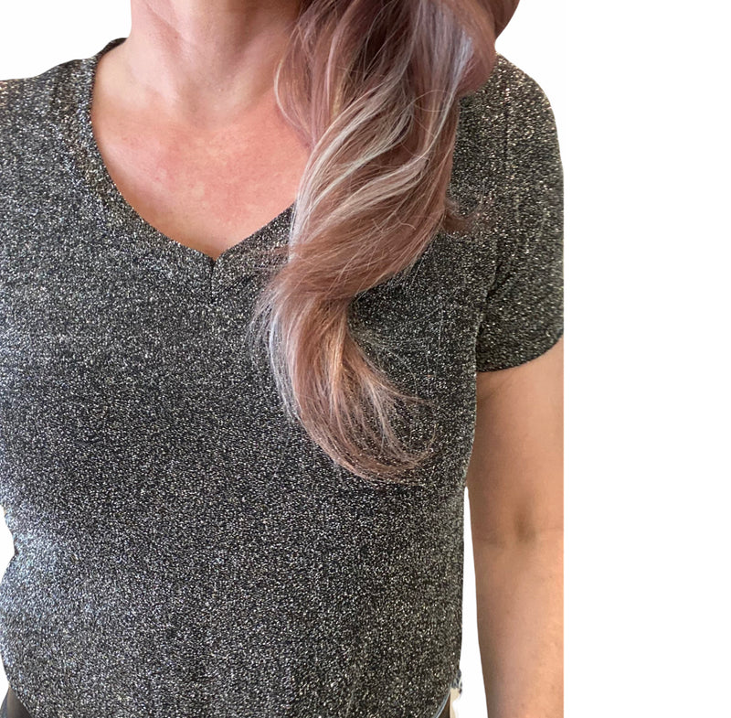 L1380  - Gunmetal Ladies Glitter V-Neck T