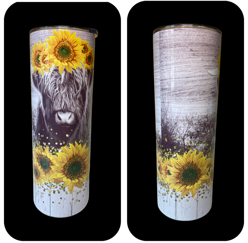A8208 - Sunflower Highland Cow 600ml Stainless Steel Insulated Tumbler