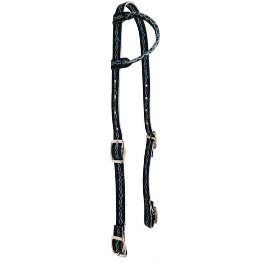 14368 - Black Nylon One Ear Headstall With Teal Barbwire Design