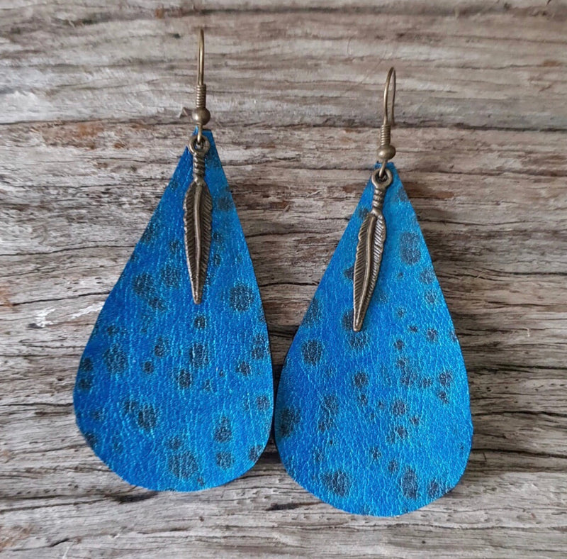 J6010  - Blue Leather Leaf Earrings with Feather - Rawhide Western Wear 
