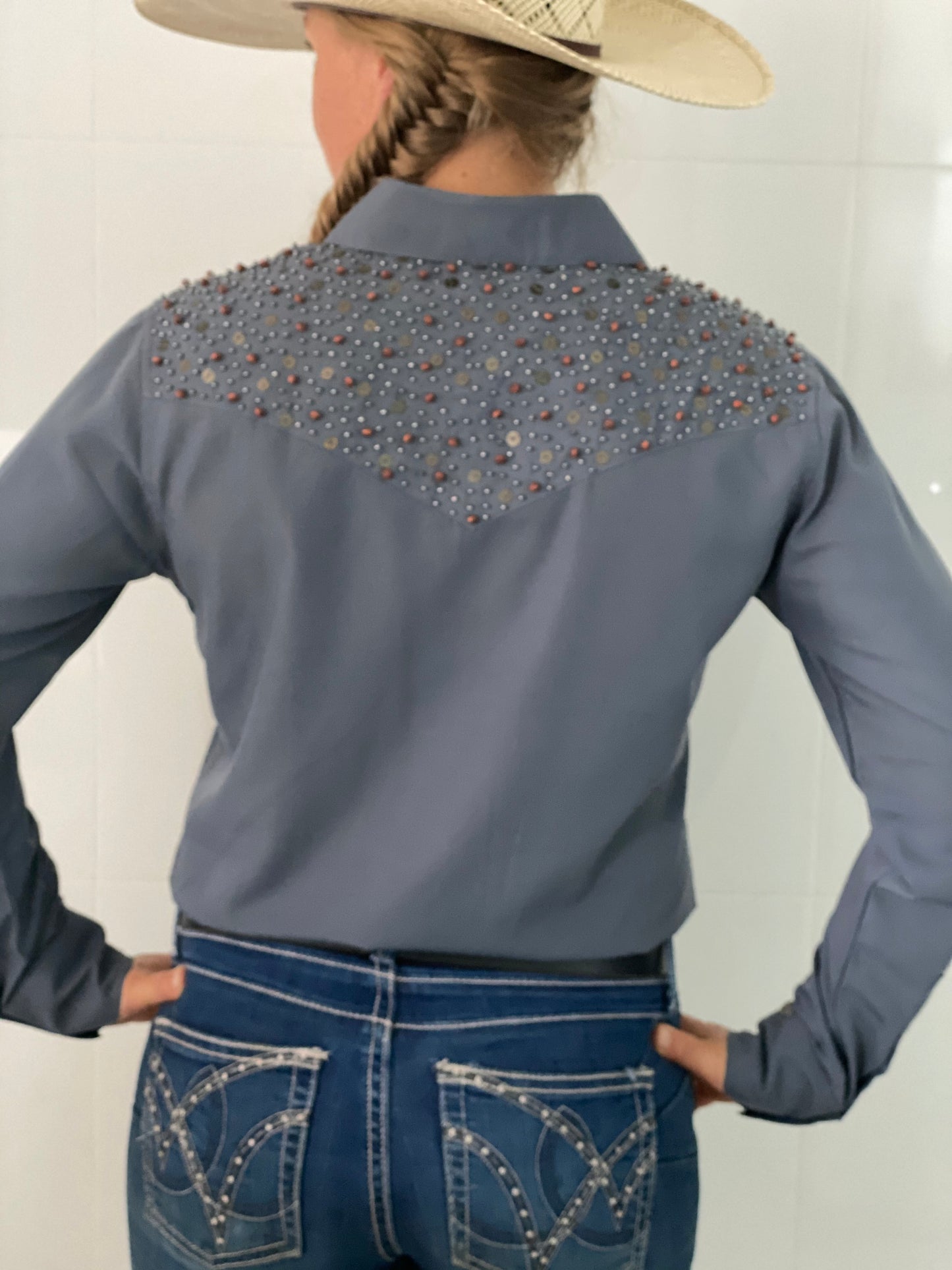 L1378 - Zillah Western Shirt Ladies Plain Grey Shirt with beading