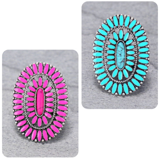 J6476 - Concho Cluster with Oval Stone Adjustable Ring