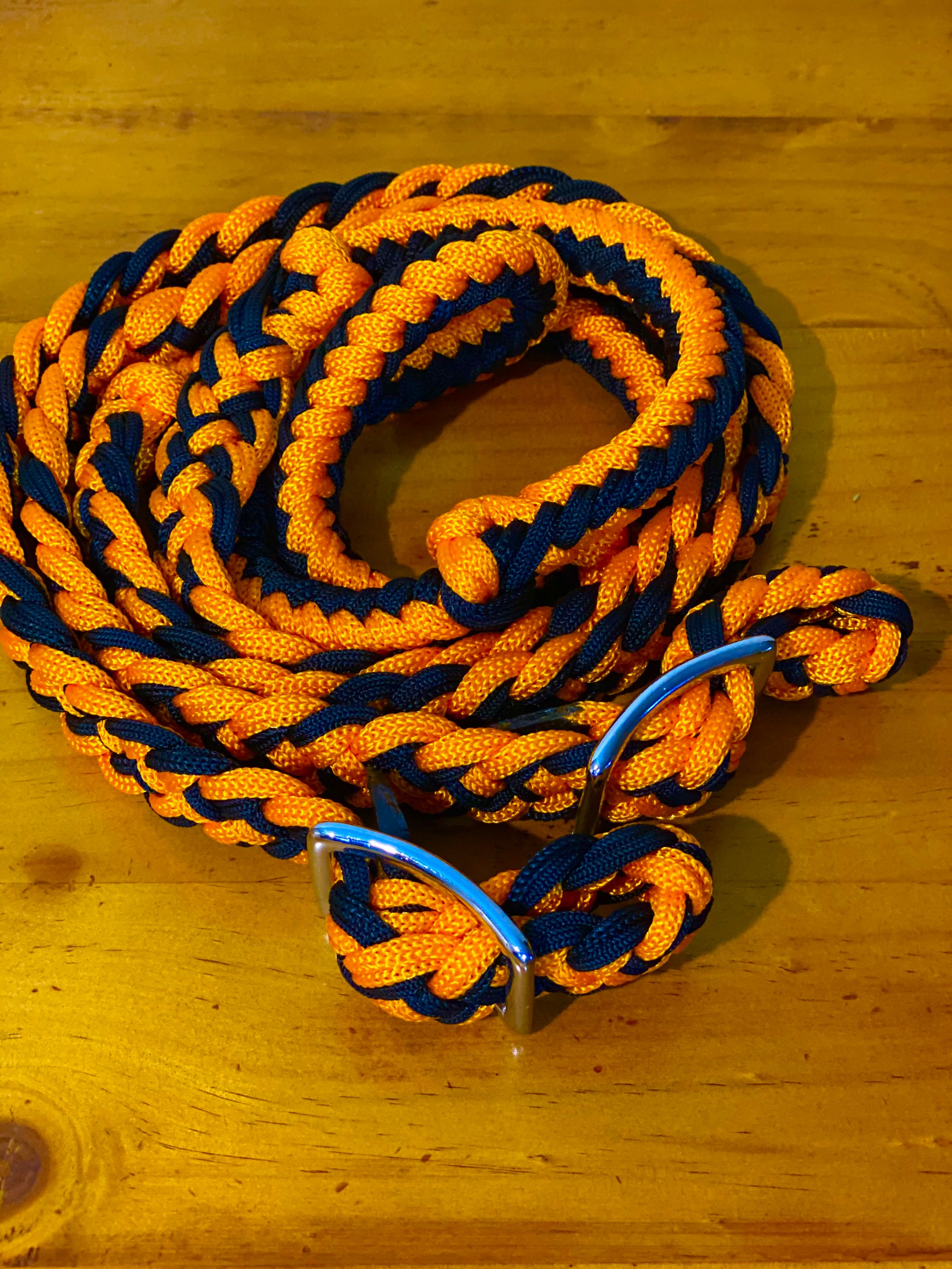T5300 - Three Colour Braided Barrel Reins with Knots Orange / Black main image 1