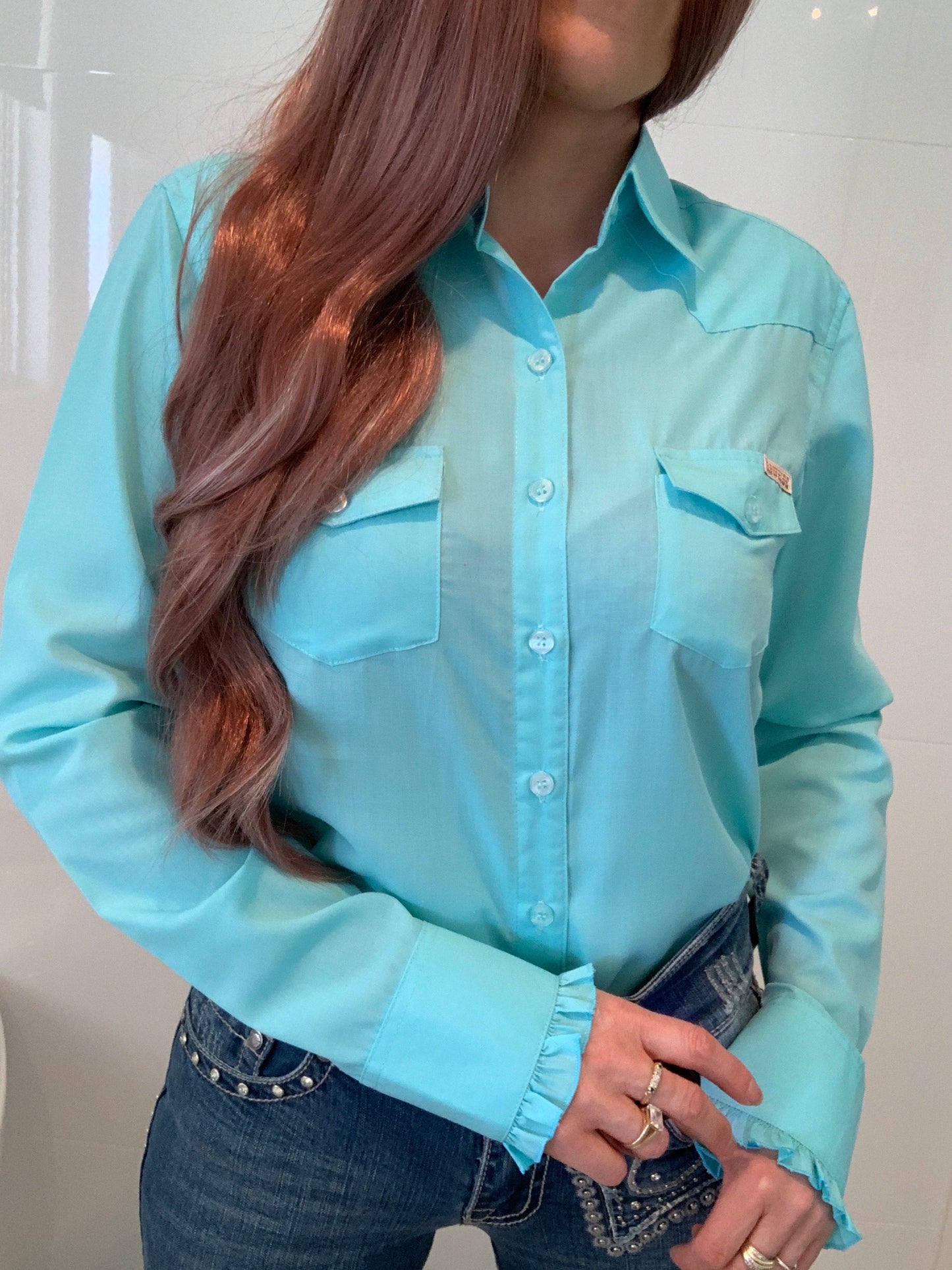 L1326 - Alanis Ladies Plain Peppermint Shirt with Frills - Rawhide Western Wear 