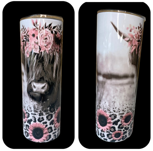 A8102 - Highland Steer Flowers Tumbler 600ml Stainless Steel Insulated Tumbler