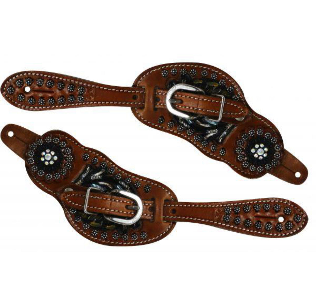 9092 - Painted Floral Tooled Spur Straps with Crystal Conchos