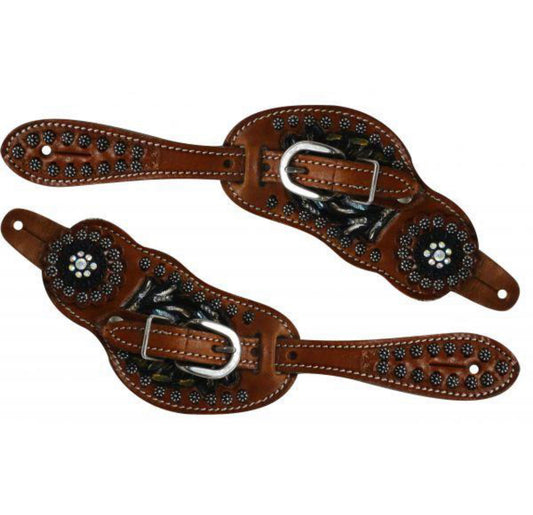 9092 - Painted Floral Tooled Spur Straps with Crystal Conchos