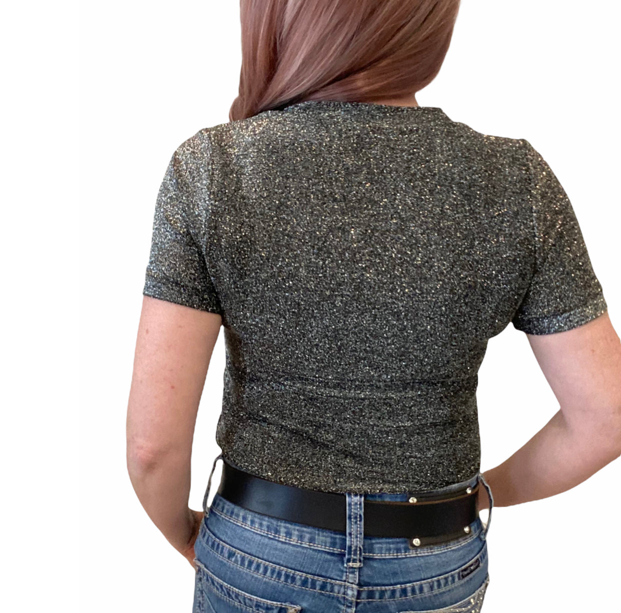L1380  - Gunmetal Ladies Glitter V-Neck T