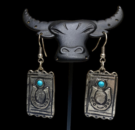 SE1284 - Western Turquoise Stone Horseshoe Fishhook Earrings