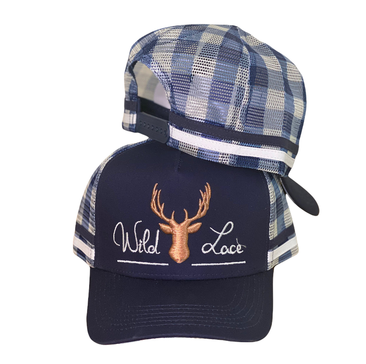 C379 - Wild Lace Navy Gingham Country Trucker Cap
