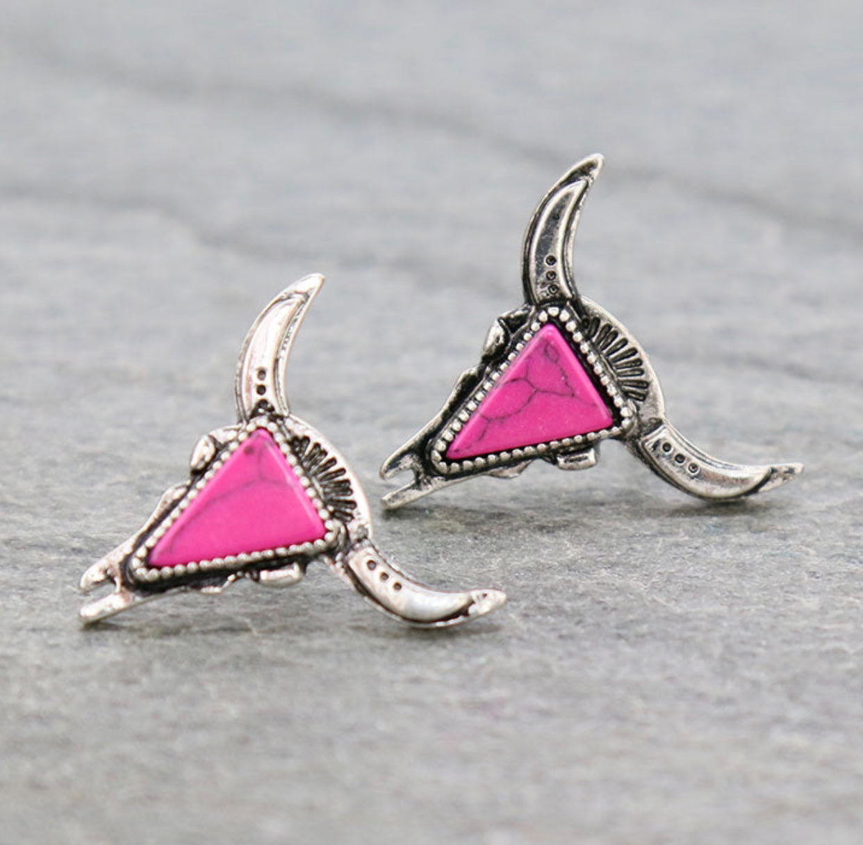 J6502PK - Western Steer Head Stone Stud Earrings