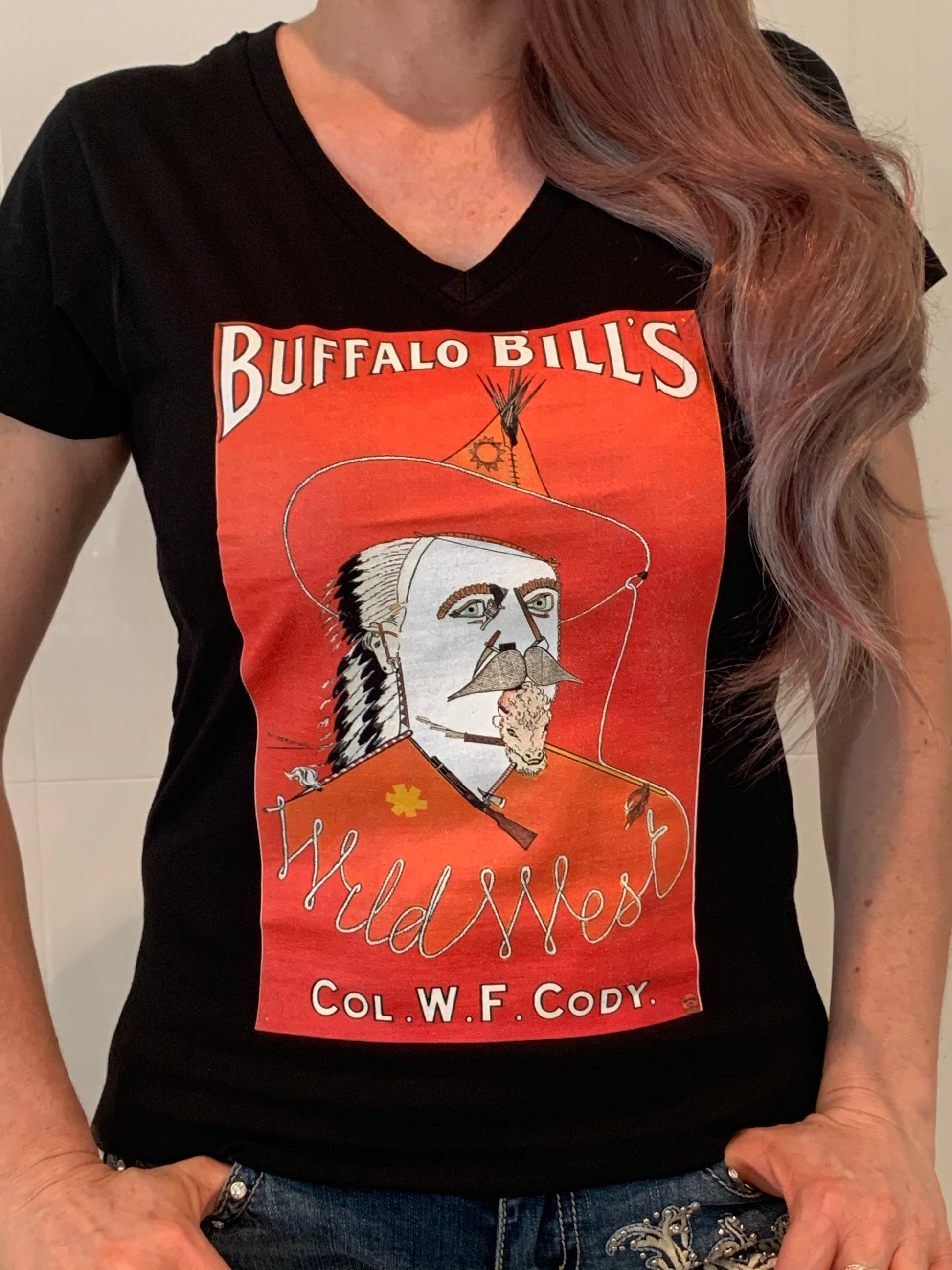 P4035  - Red Buffalo Ladies Black V Neck T - Rawhide Western Wear 