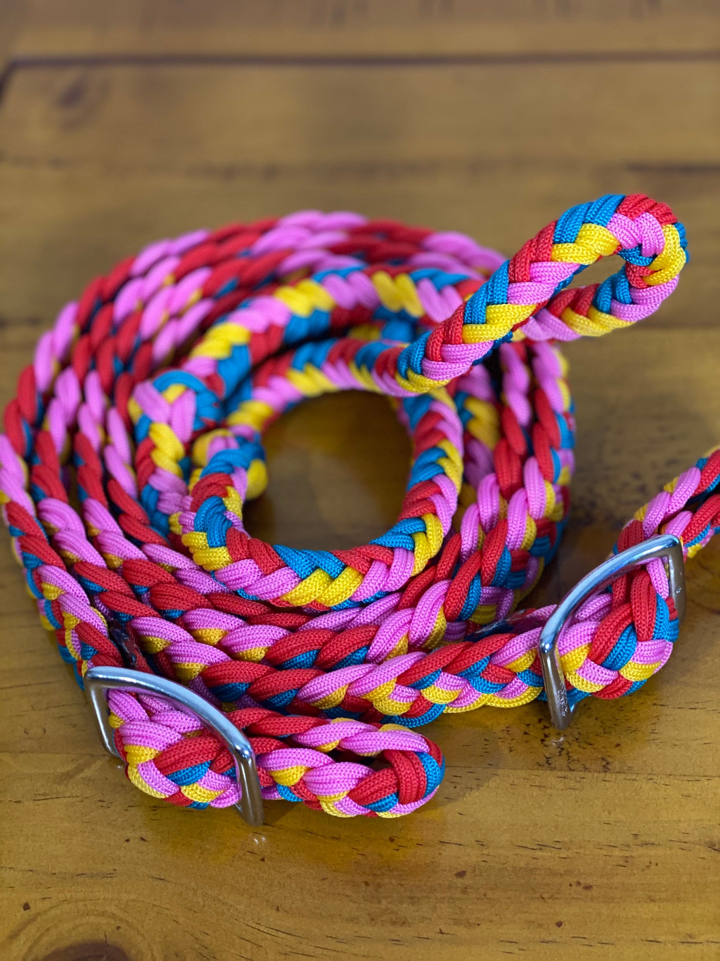 T5302  - Four Colour Braided Barrel Reins with Knots