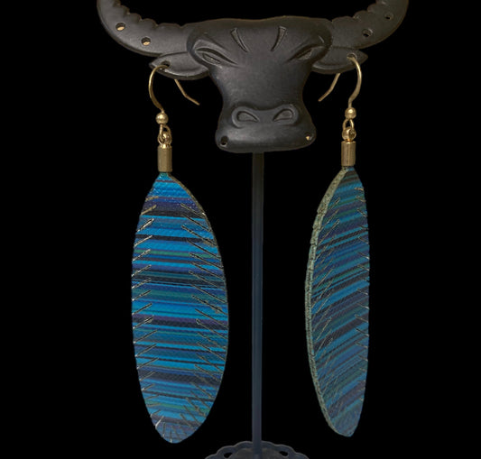 2321C - Blue Leather Feather Earrings