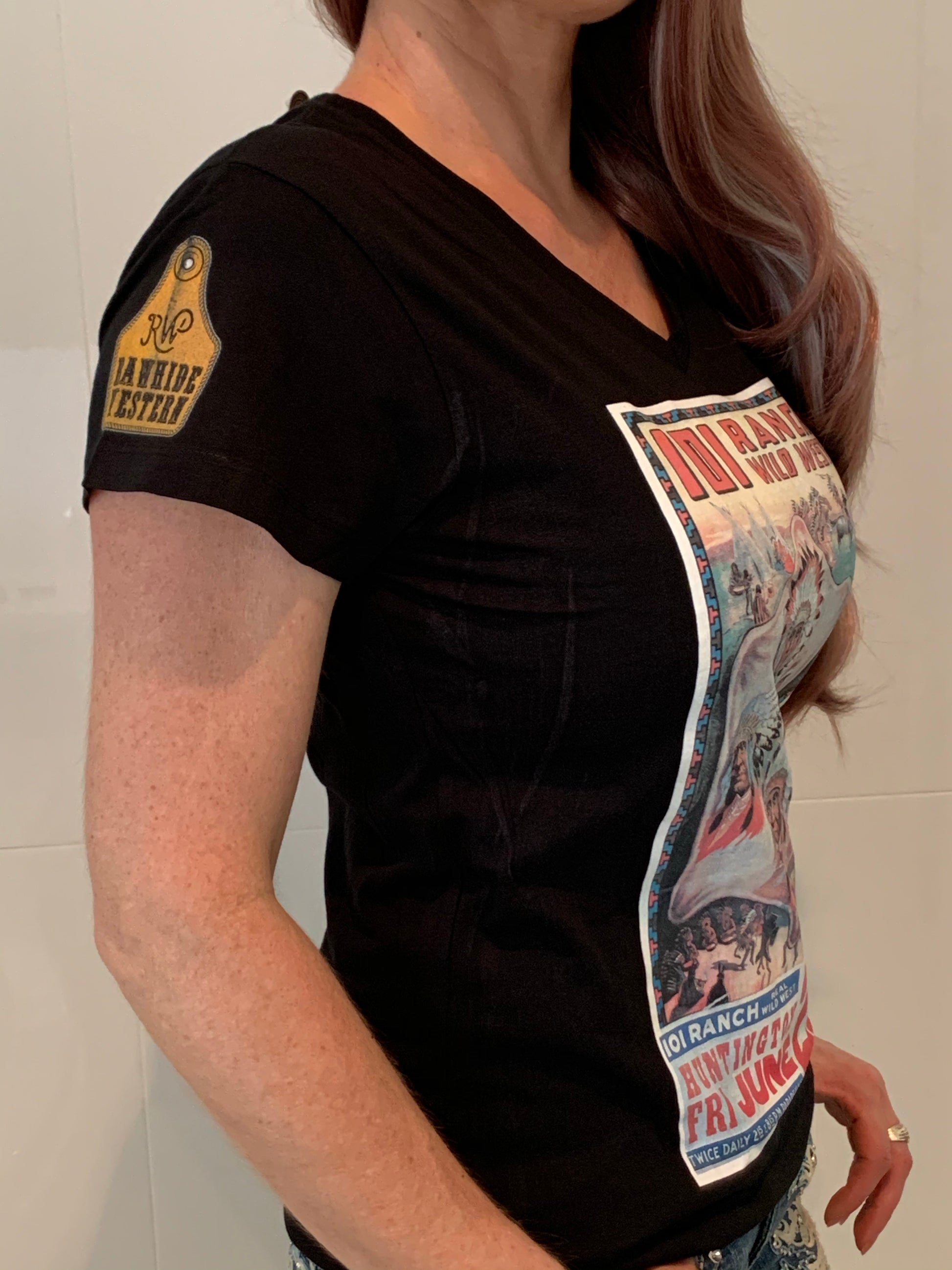 P4036  - Ranch Wild West Ladies Black V Neck T - Rawhide Western Wear 