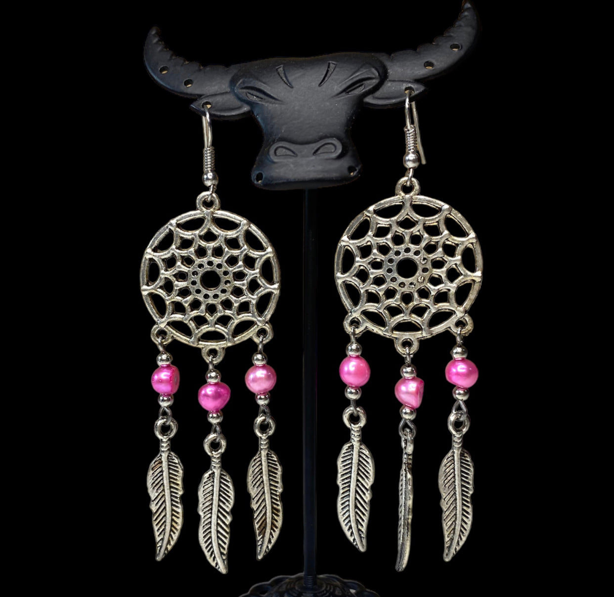 J6438 - Pink Dream Catcher Earring with Feathers
