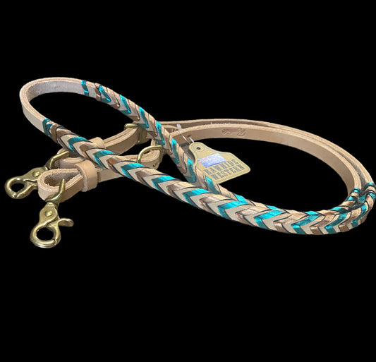 T5499 - Double Laced Metalic Turq & Rose Gold Aust Made Laced Barrel Reins