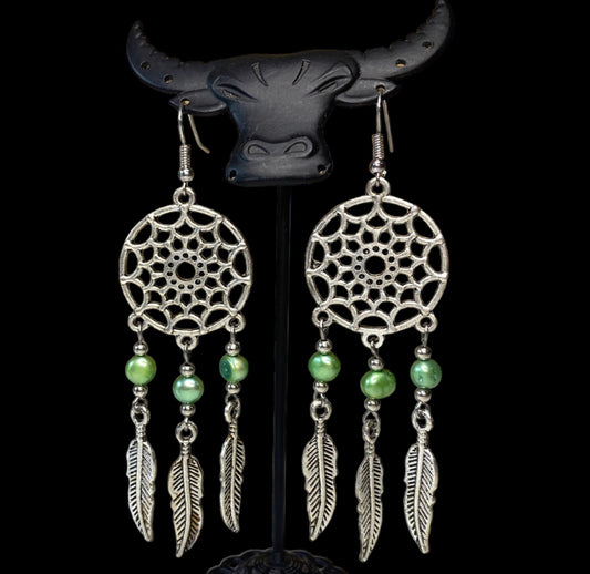 J6438 - Green Dream Catcher Earring with Feathers