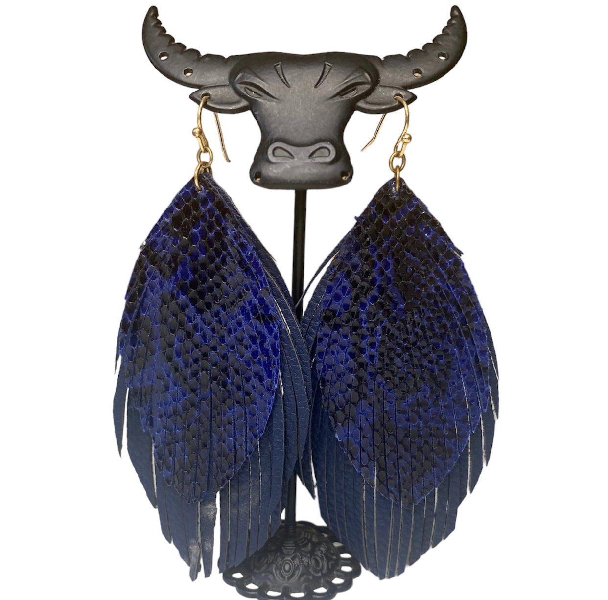 2316 - Blue Leather Leaf Earrings