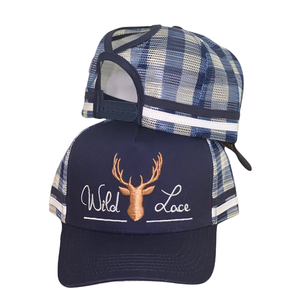 C377 - Wild Lace Navy Gingham P/Tail Country Trucker Cap