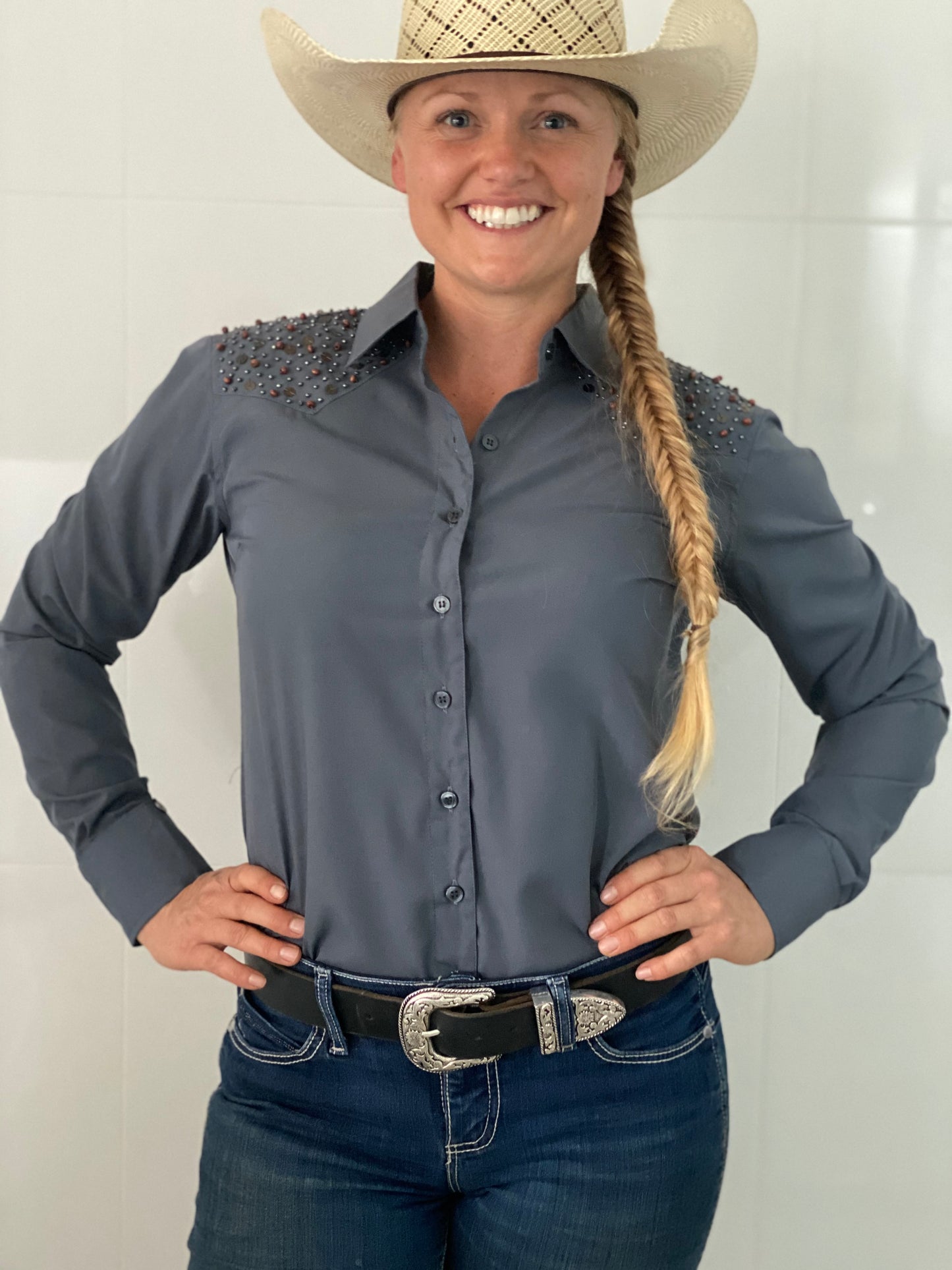 L1378 - Zillah Western Shirt Ladies Plain Grey Shirt with beading