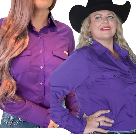 L1327 - Alena Ladies Western Plain Purple Shirt with Frills - Rawhide Western Wear 