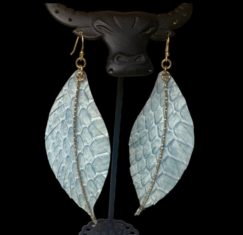 2338A  - Blue Leather Leaf Earrings