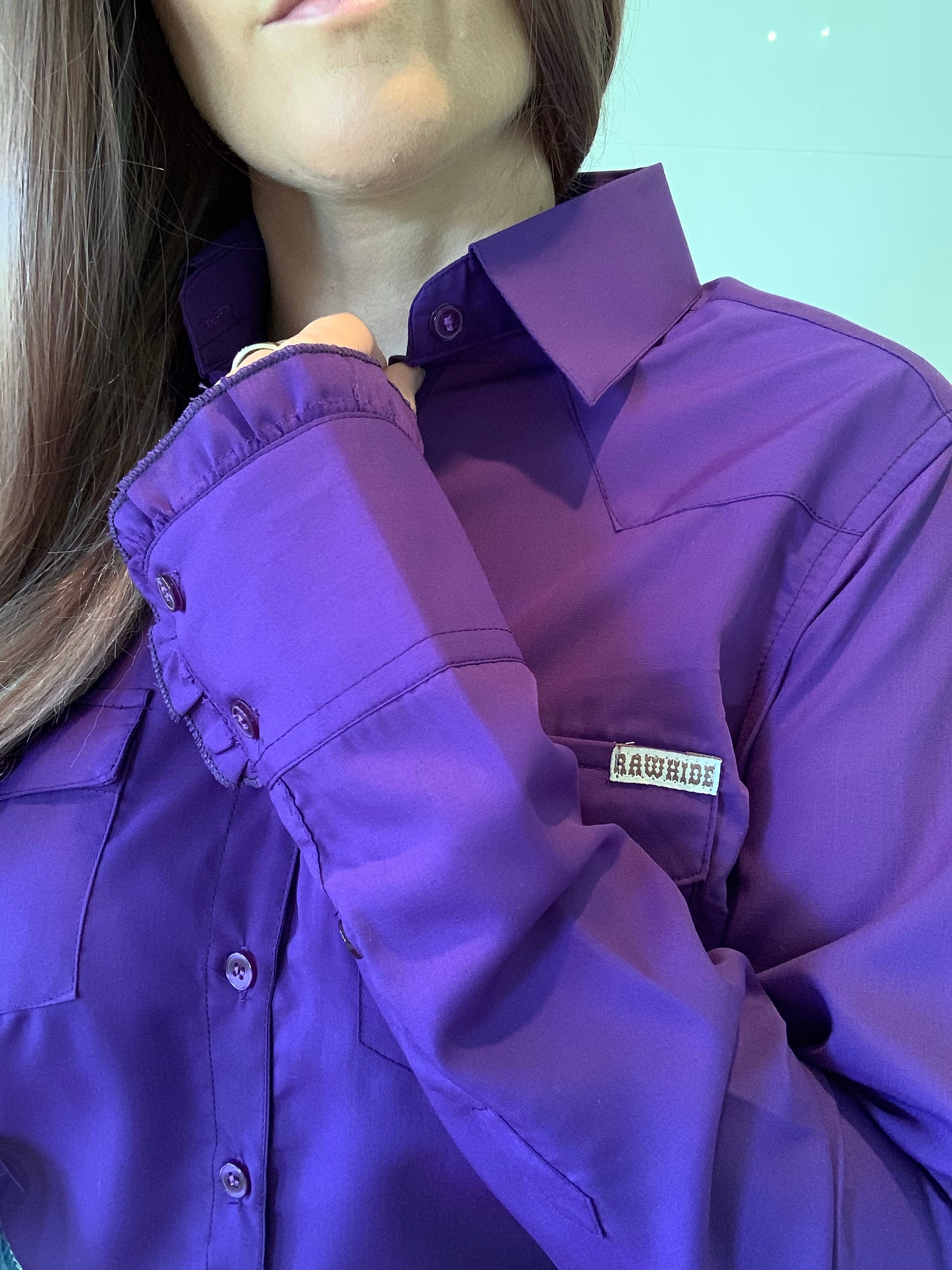 L1327 - Alena Ladies Plain Purple Shirt with Frills - Rawhide Western Wear 