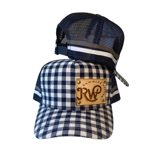 P4117 - Rawhide Navy Gingham Leather Patch Country Trucker Cap