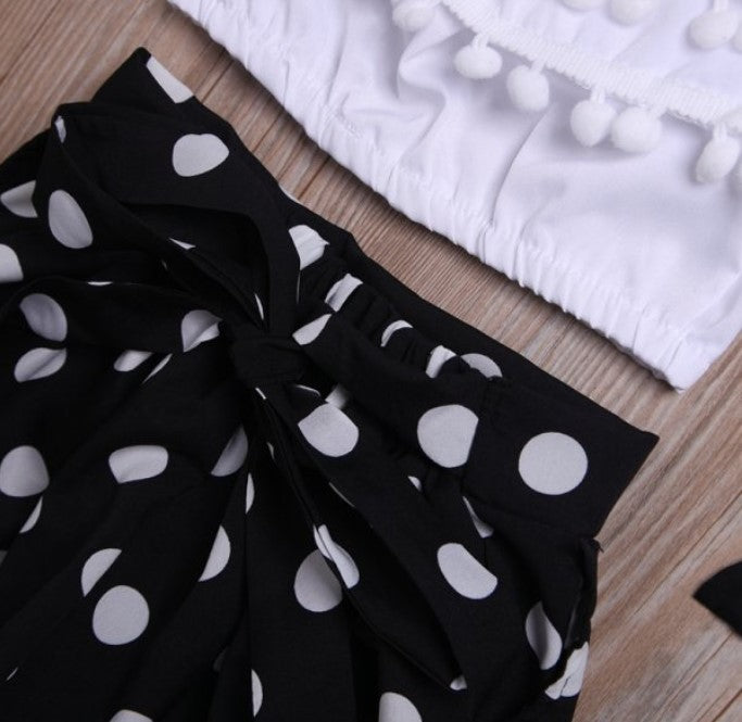 K2042 - 3-piece Solid Tassel Tops & Polka Dot Pants & Headband for Toddler Girl